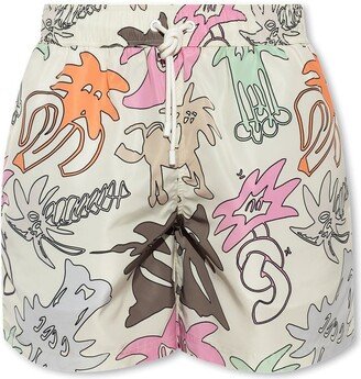 Palmity-Printed Elasticated Drawstring Waistband Swim Shorts