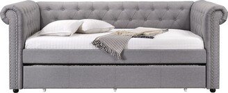 IGEMAN Justice Upholstered Button Tufted Daybed with Trundle, Rolled Arms and Nailhead Trim, Smoke Gray Fabric-AA