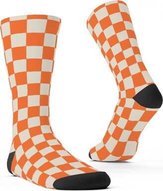 Socks: Retro Checkerboard - Bright Orange Custom Socks, Orange