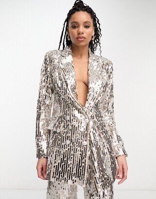 sequin slim double breasted suit blazer in silver