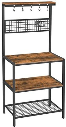 VASAGLE Kitchen Bakers Rack Cupboard with 10 Hooks, Mesh Panel, 3 Shelves, and Adjustable Feet, for Microwave Oven, Rustic Brown