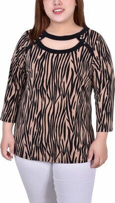 Plus Size 3/4 Sleeve Top with Combo Bands - Taupe, Black Zebra