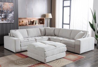 Breton Contemporary Fabric Tufted Modular Sectional Sofa with Ottoman, Oyster