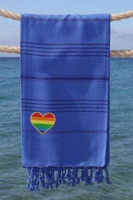 100% Turkish Cotton Summer Fun Cheerful Rainbow Heart Pestemal Beach Towel - Royal Blue