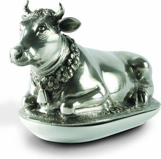 Pewter Metal Mabel The Cow Butter Cream Cheese Dish Lid with Stoneware Tray Base