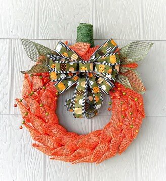 Fall Pumpkin Wreath, Orange Shaped Wreath For Front Door, Mesh Outdoor Decor, Double Door Hanger