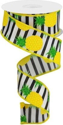 Pineapple Black/White Stripe Wired Ribbon, 1.5