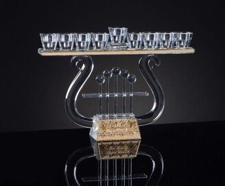 Crystal menorah Harp Shape with Jerusalem Made 24 k gold p 8.5HX11W - As Pictured