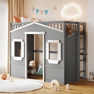BESTCOSTY Twin Size House Loft Children Bed with Ladder