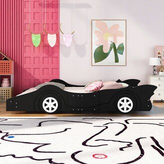 GREATPLANINC Full Race Car-Shaped Platform Bed Wood Floor Bed with Wheels&Rear Wing