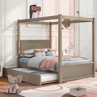 Aoolive Wood Canopy Bed with Trundle Bed ,Full Size Canopy Platform bed With Support Slats