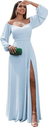 Fanao Chiffon Light Blue Bridesmaid Dresses with Slit Long Sleeve Off Shoulder Formal Evening Dress Size 16