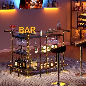 Bluebell L Shaped Black Liquor Bar Table with Glass Counter Top, Wine Glasses Holder - N/A