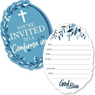 Big Dot of Happiness Confirmation Blue Elegant Cross - Shaped Fill-in Invitations - Boy Religious Party Invitation Cards with Envelopes - Set of 12