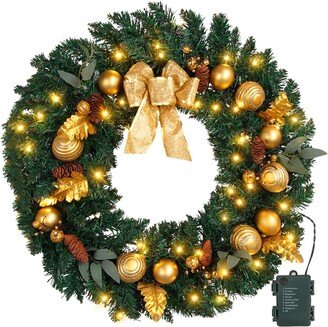 Emorefun Christmas Wreath with Hanger for Front Door & 50 Battery Operated LED Lights & Gold Bowknot & Pine Cones & Gold Balls & Berries