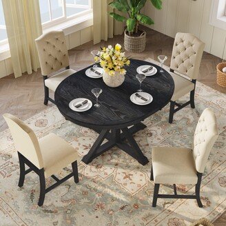 RASOO Extendable Retro Style 5-Piece Dining Table Set with Upholstered Chairs