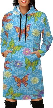 Slameter Women's Butterfly Long Pullover Sweatshirt Dress Casual Long Sleeve Hoodie Dress with Pockets L