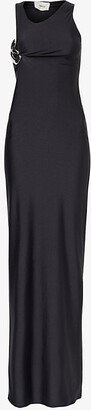 Womens Black Asymmetric-neckline Branded-hardware Stretch-woven Maxi Dress