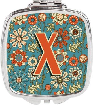 CJ2012-XSCM Letter X Flowers Retro Blue Compact Mirror