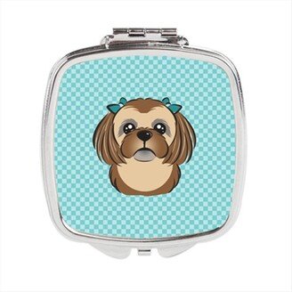 BB1187SCM Checkerboard Blue Chocolate Brown Shih Tzu Compact Mirror, 2.75 x 3 x .3 In.