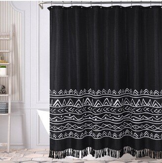 Boho Tassel Geometric Shower Curtain with Metal Hooks