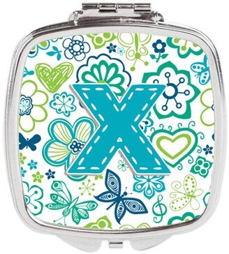 CJ2006-XSCM Letter X Flowers & Butterflies Teal Blue Compact Mirror