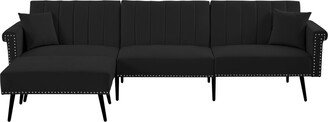 IGEMANINC L-shape Sectional Sofa with Ottoman, Elegant Line Design Folding Futon Sofa Bed with Nailhead Trim