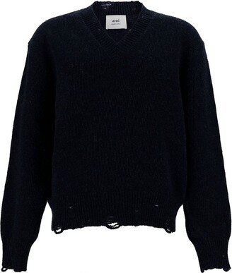 Distressed-Effect V-Neck Knitted Jumper-AA