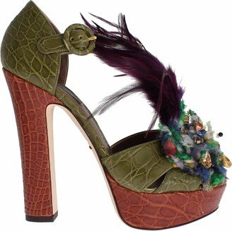 Green Leather Crystal Platform Sandal Women's Shoes