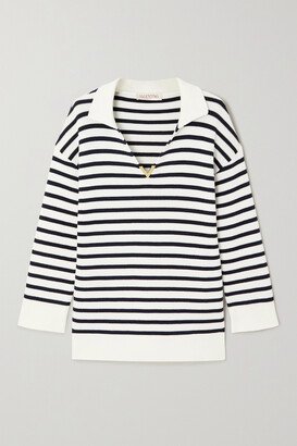 Embellished Striped Cotton Sweater - White