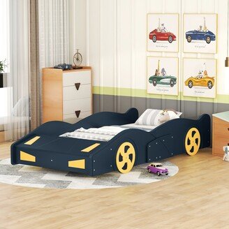 EDWINRAY Twin Size Race Car-Shaped Platform Bed with Wheels and Storage, Solid Wood Bedframe for Kids Boys Girls, No Box Spring Needed