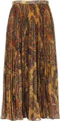 High-Waist Paisley-Printed Pleated Midi Skirt