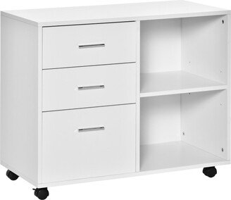 Homcom Wood File Cabinet Side Board 3 Drawer Shelf Caster Wheels, White