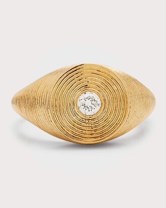 14K Gold Round Diamond Fluted Signet Ring