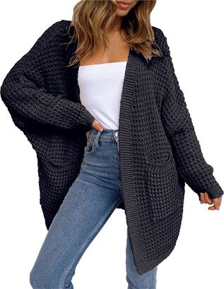 Generic Deals of The Day Cardigan Sweaters for Women Waffle Knitted Loose Fit Long Sleeve Sweater Coat Women Oversized Jacket Lightweight Coats Black