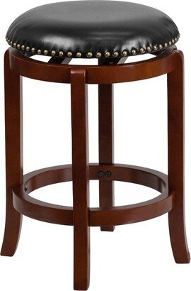 Merrick Lane 24 Backless Swivel Counter Stool, Upholstered in Black Faux Leather with Brass Nail Trim and Light Cherry Wooden Frame