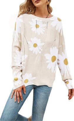 chouyatou Women's Crewneck Long Sleeve Floral Printed Knitted Sweater Pullover Tops (Medium