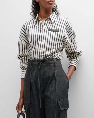 Striped Monili-Trim Collared Blouse