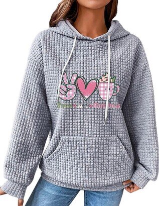 Generic PJZQXS Women Christmas Waffle Hoodie Plaid Heart and Coffee Graphic Sweatshirt With Pocket Peace Love Christmas Printed Tops(Grey