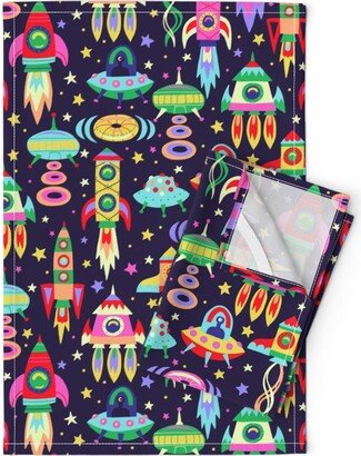 Rocket Tea Towels | Set Of 2 - Rush Hour By Rebelform Spaceships Aliens Space Galaxy Stars Linen Cotton Spoonflower