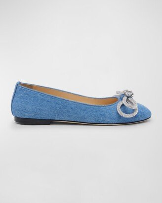 Double Bow Denim Ballerina Flats