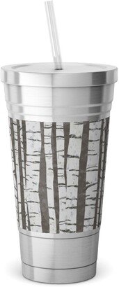 Travel Mugs: Birch Trees - White On Brown Stainless Tumbler With Straw, 18Oz, Gray