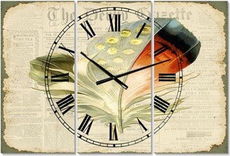 Designart Colorful Elegant Feather On Old Style Newspaper Iv Large Cottage 3 Panels Wall Clock - 23