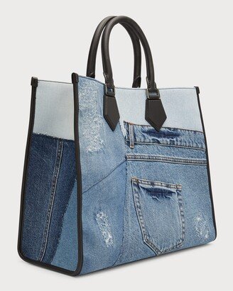 Men's Large Denim Patchwork Shopper Tote Bag