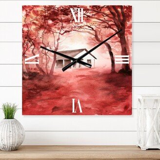 Designart 'House In Red Autumn Woods' Cabin & Lodge wall clock