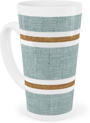 Mugs: Stripes, Magnolia Flowers Coordinate - Rust On Blue Tall Latte Mug, 17Oz, Green