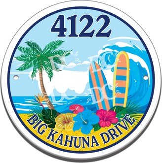 Surfboard Beach Themed Ceramic House Number Circle Tile, Surfing Ocean Address Sign, Hawaiian Sign