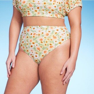 Women's Cheeky High Waist Bikini Bottom Green Daisy Print