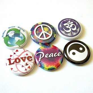 Fridge Magnets Peace Love Om Yin Yang Hippie Hippy Button Pins Party Favors Gift Stocking Stuffers Flair Retro Mod