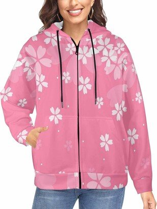 LOSARON Cherry Blossoms Background Women's Full-Zip Hooded Sweatshirt Casual Fashion Jackets Oversized Sweaters Comfortable Hoodie S